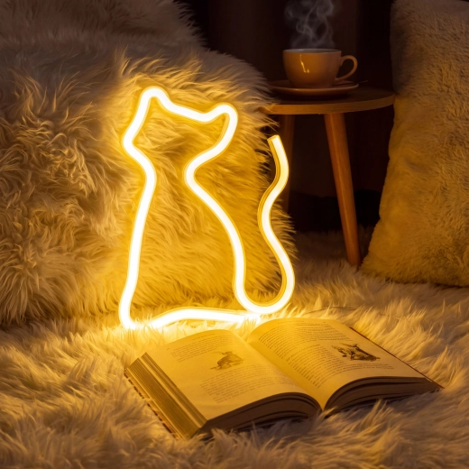 Neon LED-lamp kat met warm wit licht