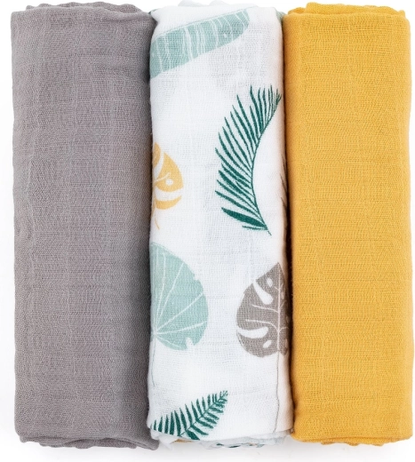 Petite&Mars set bamboe mousseline doeken Moussy ochre leaves 3 stuks 68 × 68 cm