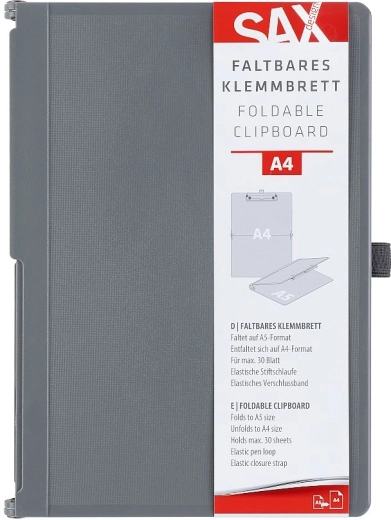 Afsluitbare schrijfplank met klem SAX A4, grijs
