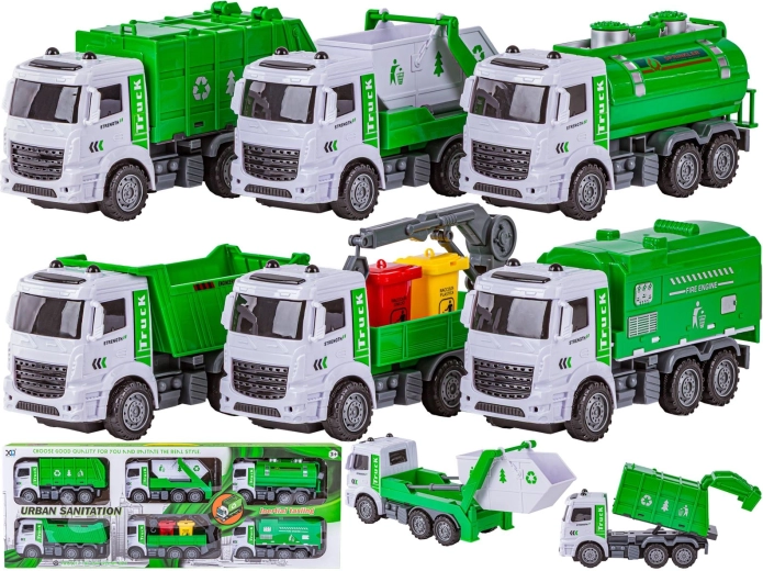 Set van 6 stedelijke vrachtwagens voor kinderen – vuilniswagen, tankwagen, kiepwagen, veegwagen en meer