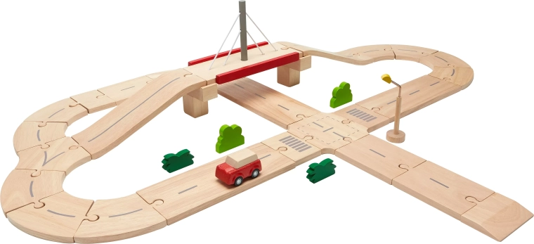 Houten autoracebaan met brug PlanToys