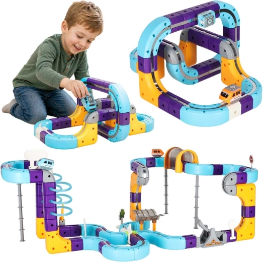 Magnetische STEM-bouwset – racebaan voor autootjes, 129 onderdelen