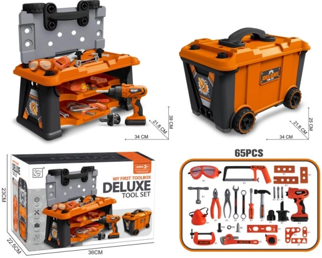 Werkplaatsset voor kleine klussers in een koffertje op wieltjes