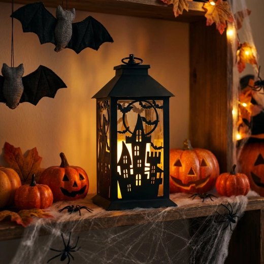 Halloween-knipperende lantaarn met kasteel op batterijen
