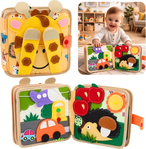 Zintuiglijk viltboekje met giraffe – educatief stil boek voor kinderen