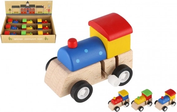 Houten treintje met sleutelaandrijving 7 cm – kleurrijk speelgoed voor kinderen