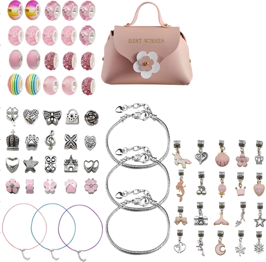 Set voor het maken van sieraden en armbanden met bedels in roze tinten + toilettasje (66 delen)