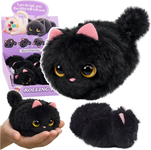 Pluchen zwart katje met draaiende staart en pieper, sleutelhanger 9 cm