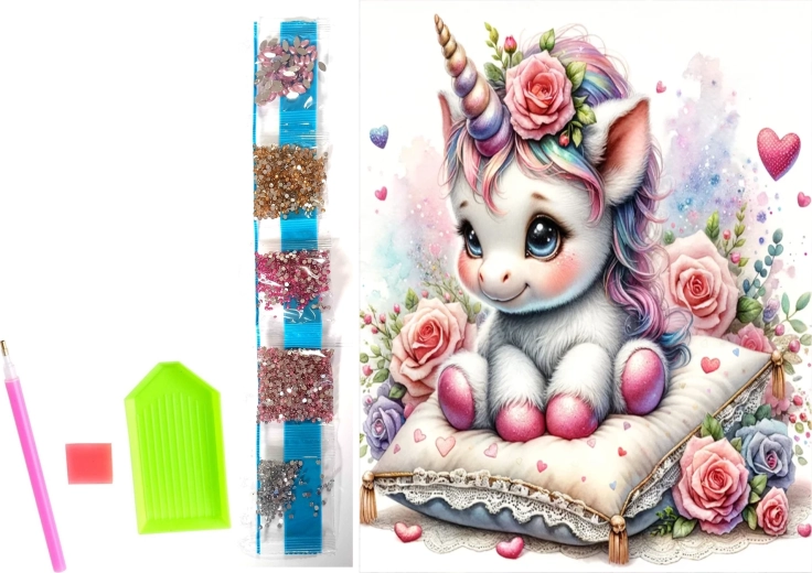 Diamant schilderen op canvas bloemen-eenhoorn 23 × 30 cm