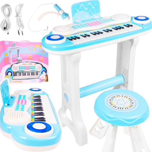 Elektronische kinderpiano met microfoon en krukje mp3, blauw