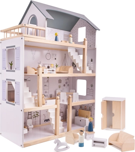 Licht houten poppenhuis met meubels - 80cm