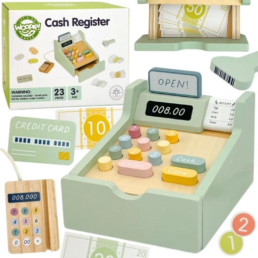 Houten educatieve kassa Woopie Green met accessoires