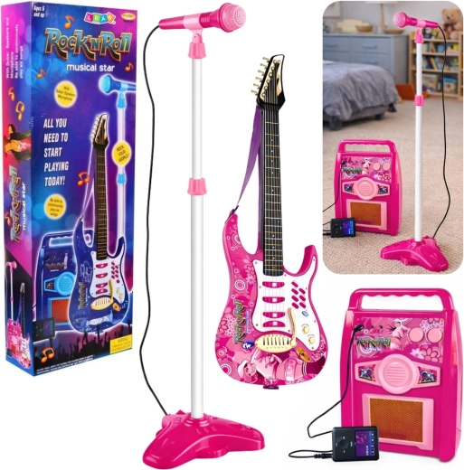 Roze elektrische kindergitaar met microfoon en versterker