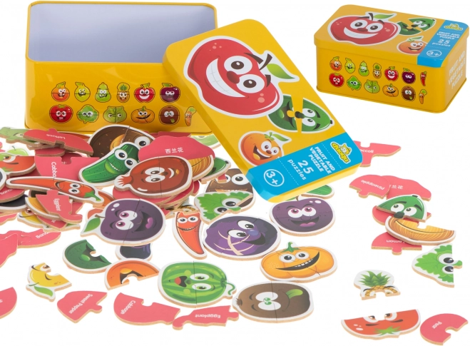 Kleurrijke educatieve puzzel fruit/groenten in blik
