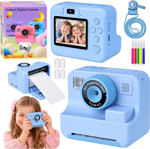 Digitale kindercamera met direct printen blauw