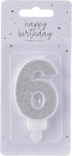 Zilverkleurige taartkaars cijfer 6, 7 cm