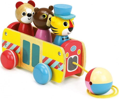 Trekbus met dierfiguren van kleurrijk hout