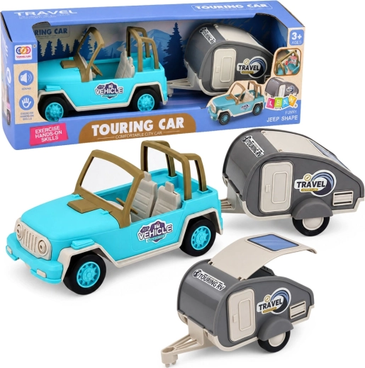 Terreinwagen met caravan met geluid – blauwe reisset
