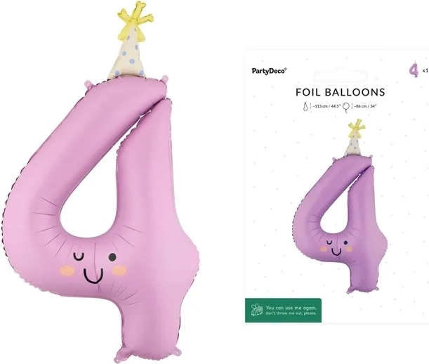Folieballon cijfer 4 lavendel met gezicht