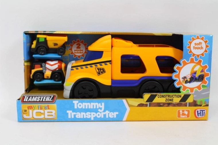 Teamsters JCB transporter voor op de bouwplaats