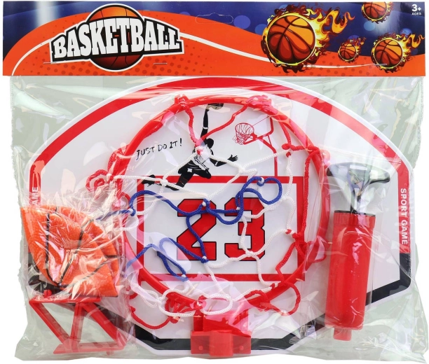 Driekleurige basketbalring met bal en pompje