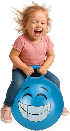Springbal met handvat HoppyDoo Smile blauw 45 cm met pompje