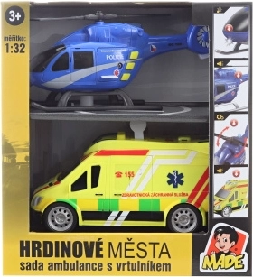 Reddingsset met ambulance en helikopter met licht en geluid
