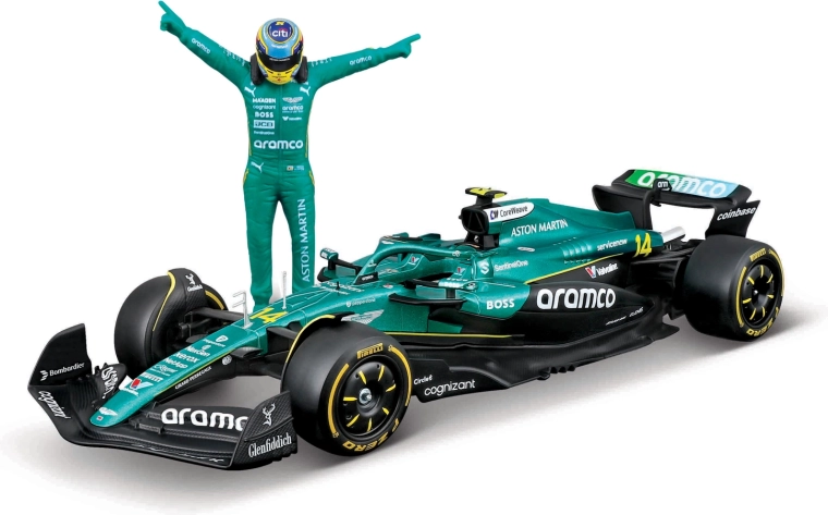 Bburago Formule 1-model Aston Martin AMR25 2025 met coureursfiguur Fernando Alonso (nr. 14) 1:24