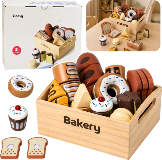 Houten mini-bakkerij – set gebak met klittenband in een kistje (10 stuks)