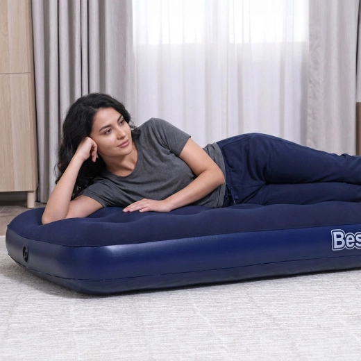 Eenpersoons luchtmatras met velours oppervlak, blauw
