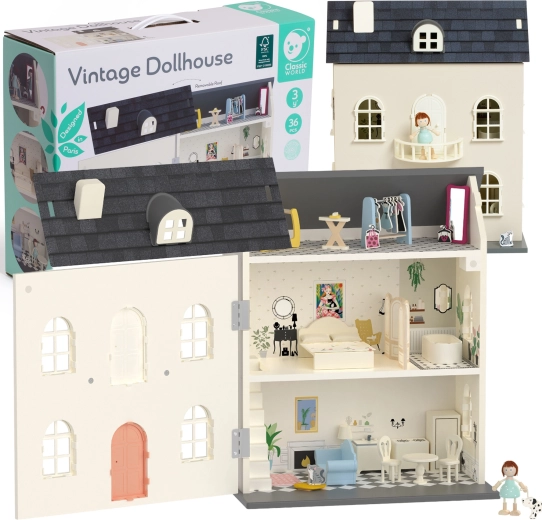 Houten poppenhuis Classic World vintage met accessoires, 36-delig