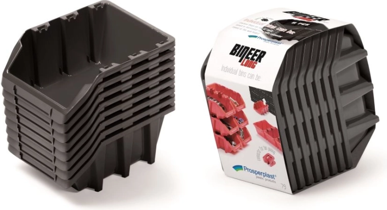 Set van 8 opbergboxen BINEER LONG, 160 × 98 × 160 mm, zwart