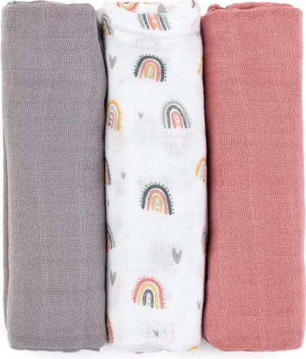 Petite&Mars bamboe mousseline doeken Moussy rose rainbows 3 stuks 68 × 68 cm