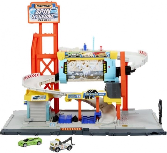Autowasstraat matchbox turbo cycloon – meerlagige speelset met ramp en service