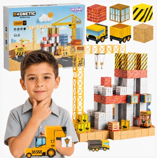Woopie magnetische blokken 165 stuks – bouwplaats bouwset met kraan en graafmachine 3D