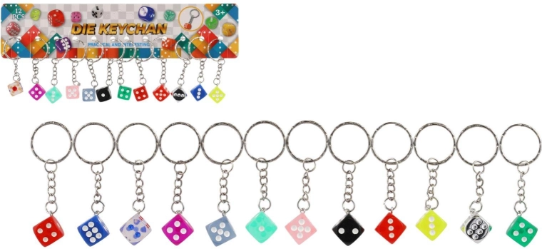 Sleutelhanger – dobbelsteen 7 cm, kleurenmix (12 stuks)