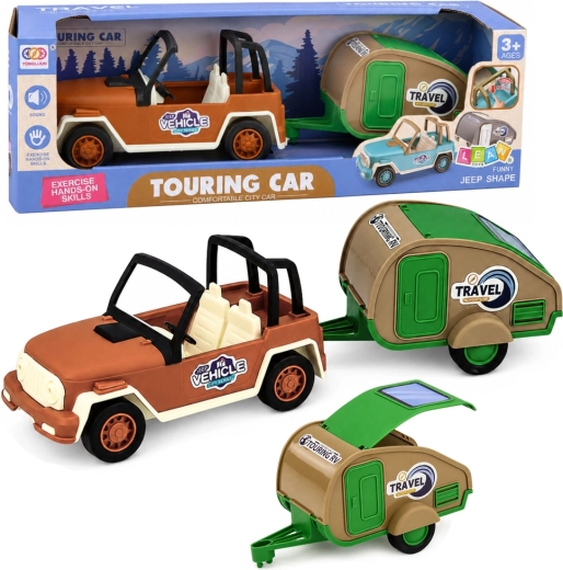 Terreinwagen met caravan met geluidseffecten (groen-bruine set)