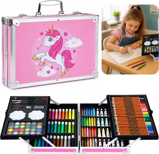 Kunstzinnige tekenset voor kinderen – eenhoorn in roze koffer, 150 stuks