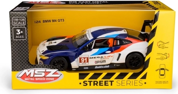 Model van de BMW M4 GT3-racewagen op schaal 1:24, blauw-wit