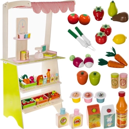 houten kindersupermarkt KRUZZEL met kraam, kassa en fruit
