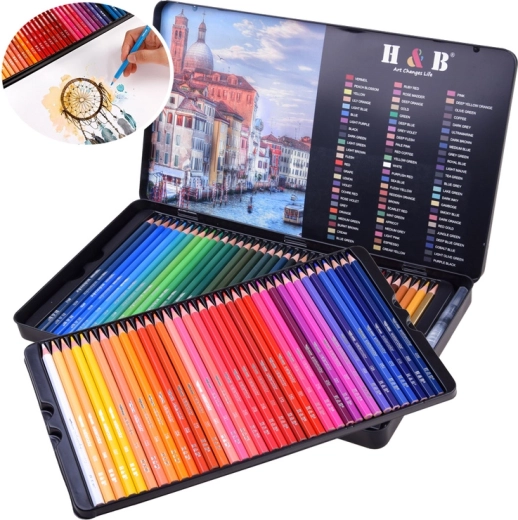 Set van aquarelpotloden in metalen doos, 72 kleuren