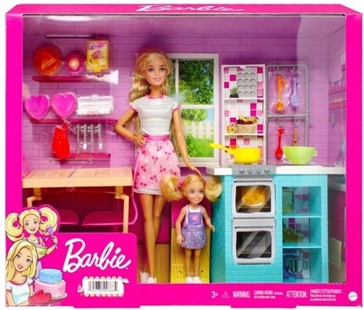 Barbie en Chelsea set om samen te bakken met keukentje en eettafeltje
