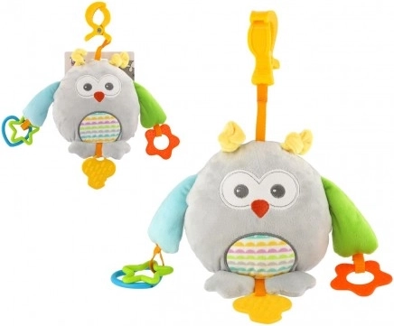 Pluchen uil voor kinderwagen en ledikant 18 × 18 cm, met bijtringen en clip