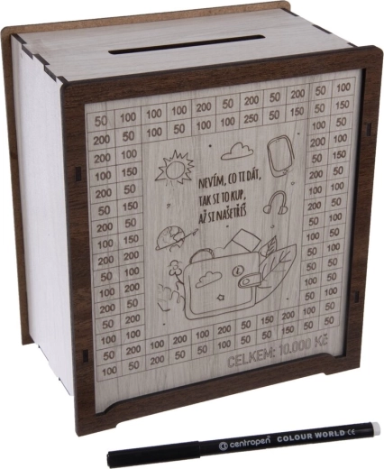 Houten spaarpot met opschrift „Ik weet het niet…“ met marker