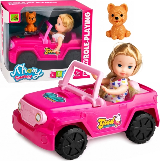 Mini-pop in een roze terrein-cabriolet met hondje