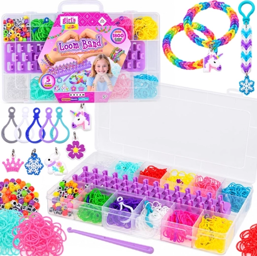 Set voor het maken van armbandjes van elastiekjes (1800+ stuks) met weefraam, kralen en lettertjes
