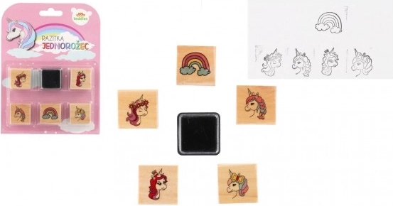 Houten stempels met inktkussen – eenhoorns en regenboog (5+1), 3 × 3 cm