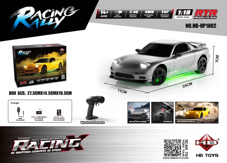 RC-driftauto TurboSlide 1:18 met lichteffecten, zilver