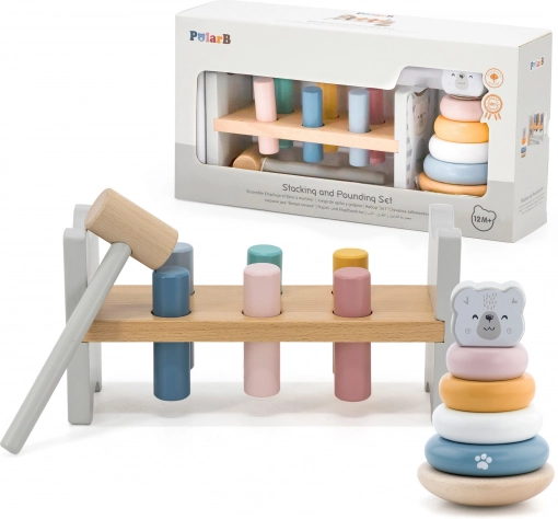 Houten set PolarB Pyramide en hamerspel beertje Montessori