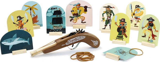 Vilac houten piratenpistool met elastiekjes en doelwit